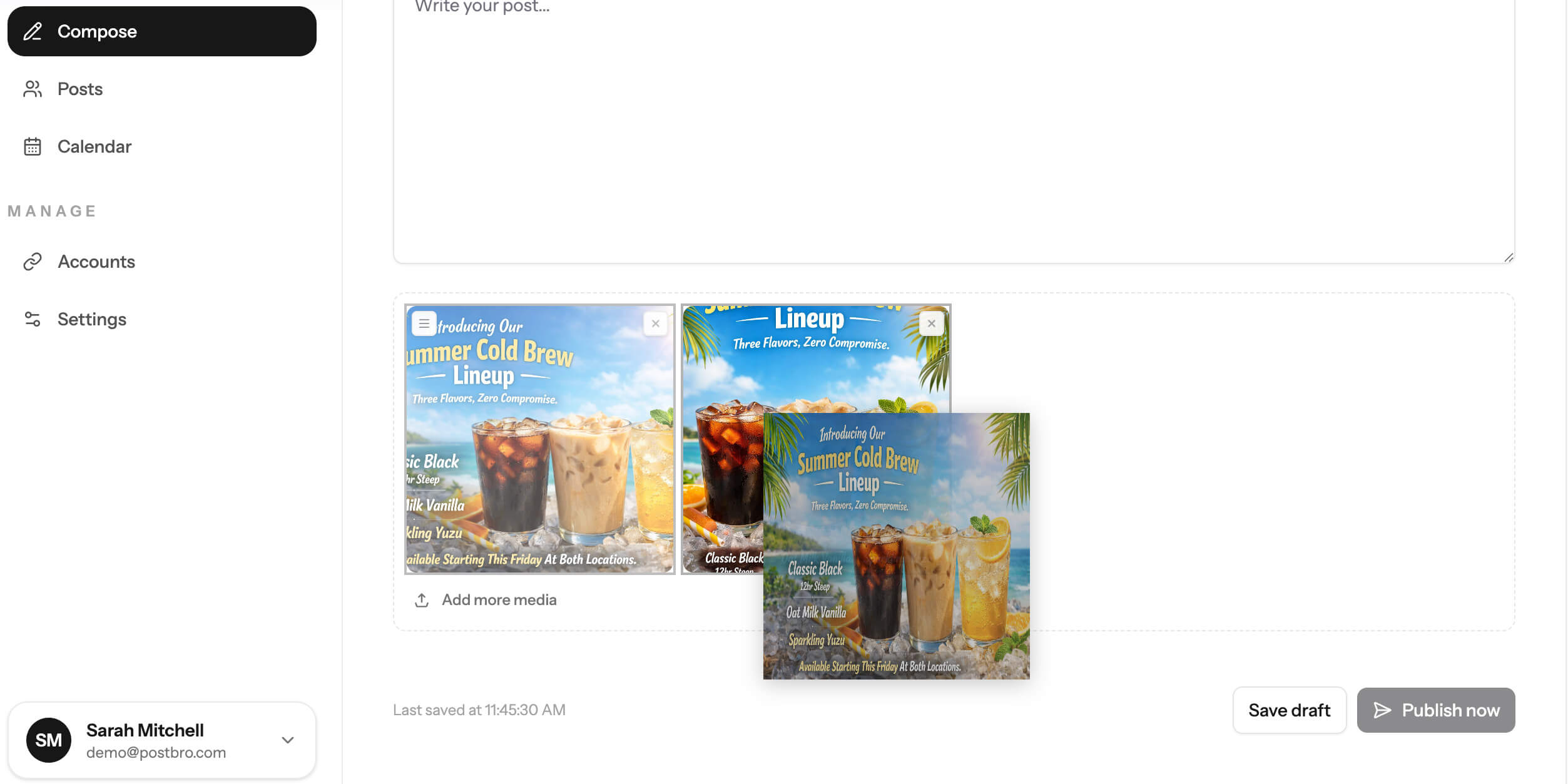 Postbro composer showing drag-to-reorder image uploads with platform overrides and scheduling options