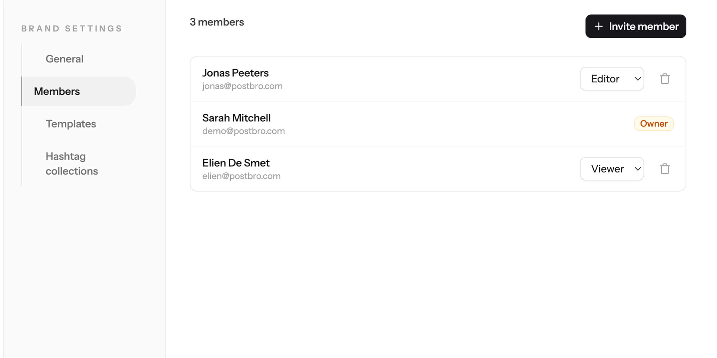 Postbro brand settings showing team members with owner, editor, and viewer roles and an invite member button